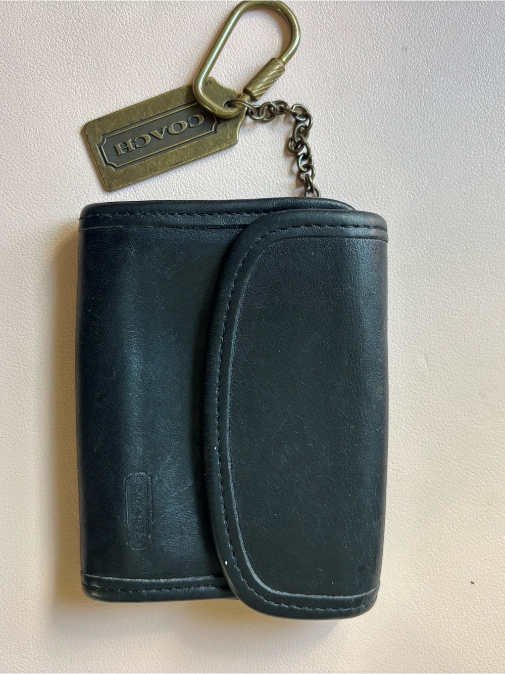 Coach Black Leather Key & Card Holder with Brass Tag